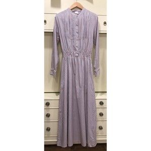 Loretta Caponi Blue Red Striped Long Sleeve Smocked Maxi Shirt Dress Sz Large